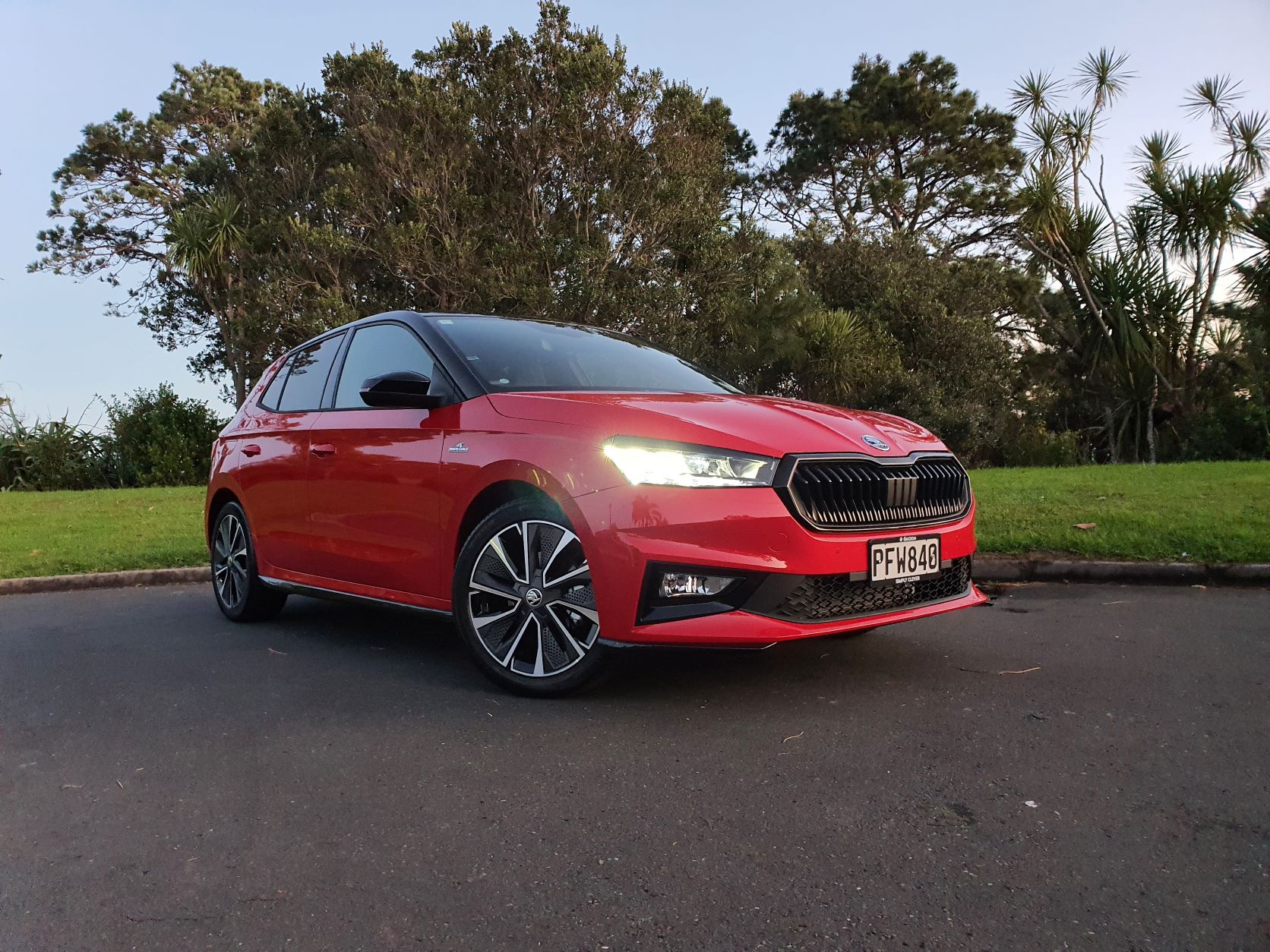 Front three quarters view of a Skoda Fabia Montecarlo in Red