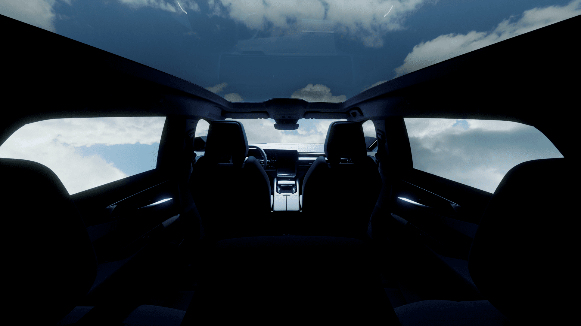 An interior photo of the glass panoramic sunroof on the new Renault Espace MPV.