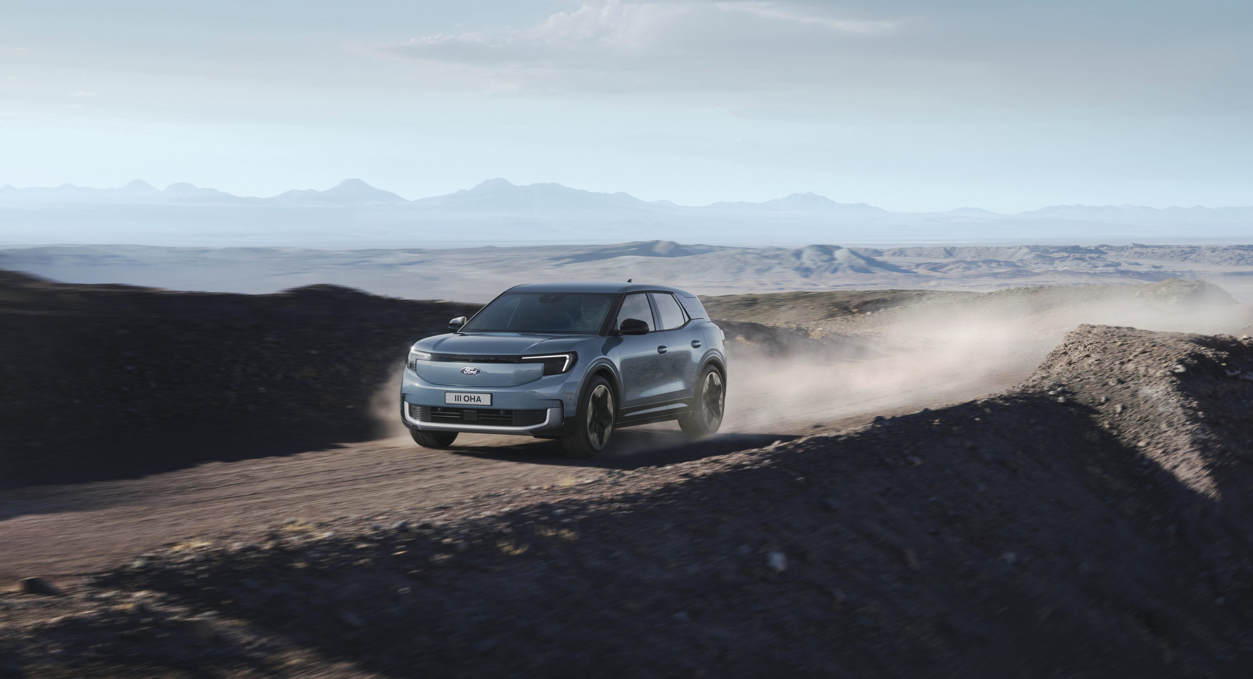 A zoomed out shot of the new Ford Explorer EV as part of promotions for the new Indiana Jones film.