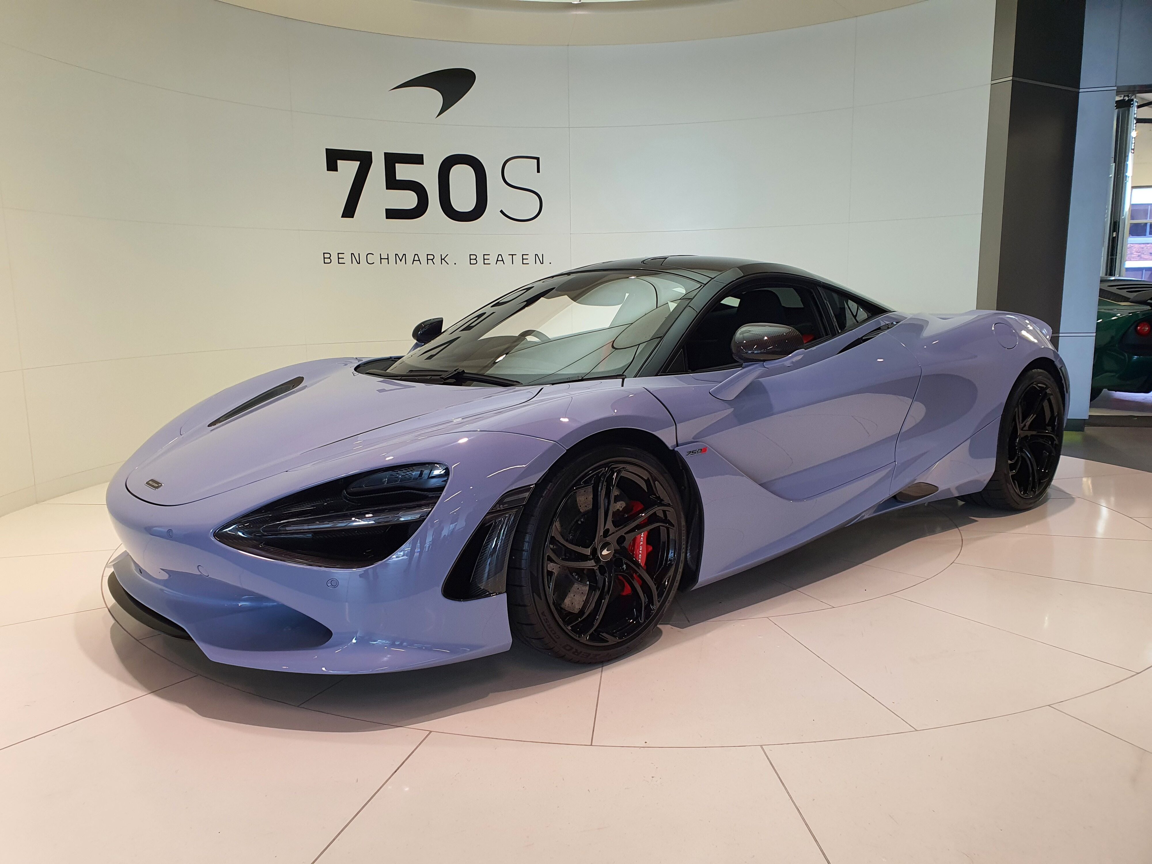 Front three quarters view of a new McLaren 750S at McLaren Auckland.