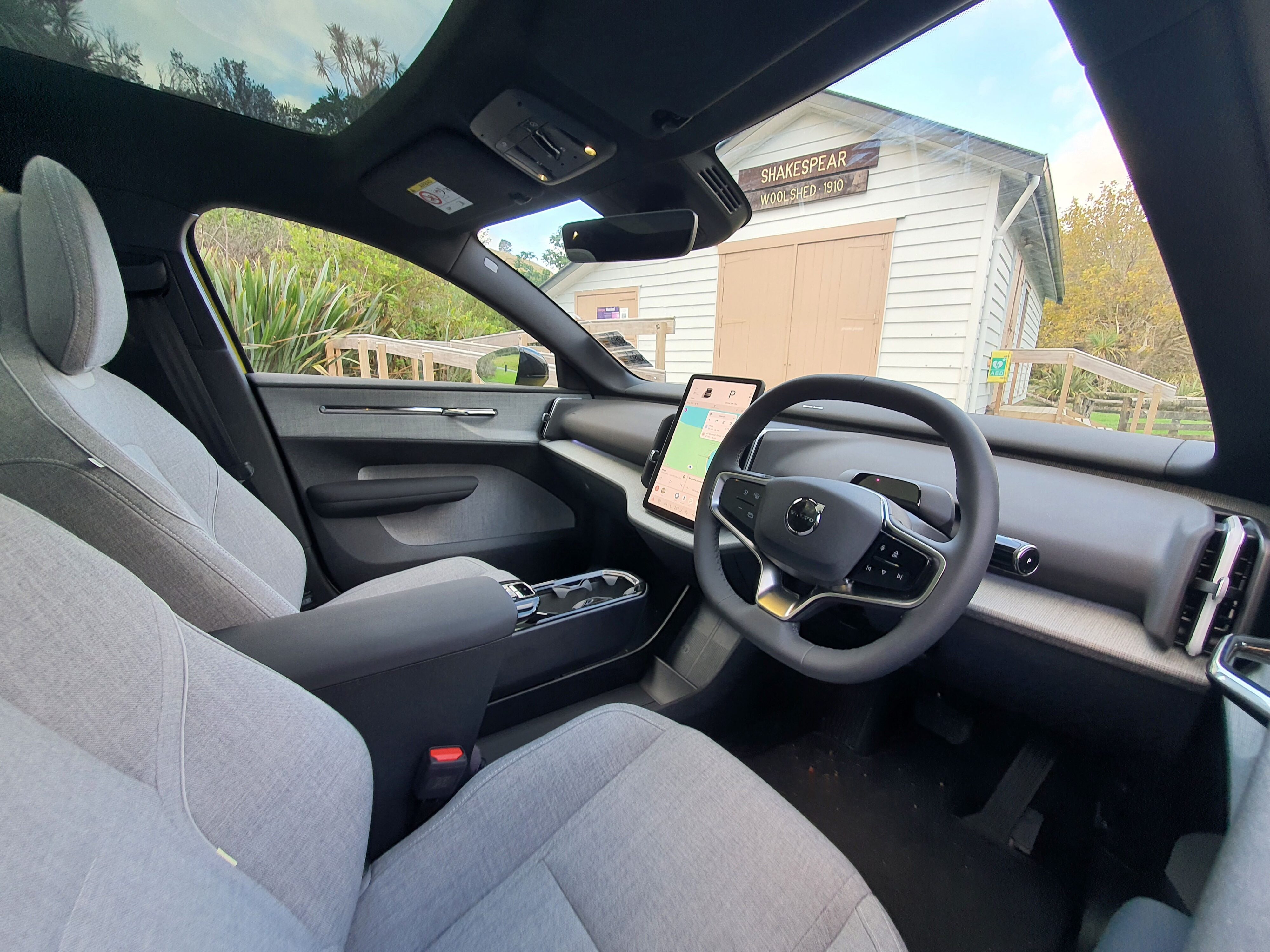 Interior of a 2024 Volvo EX30 in the Mist configuration.