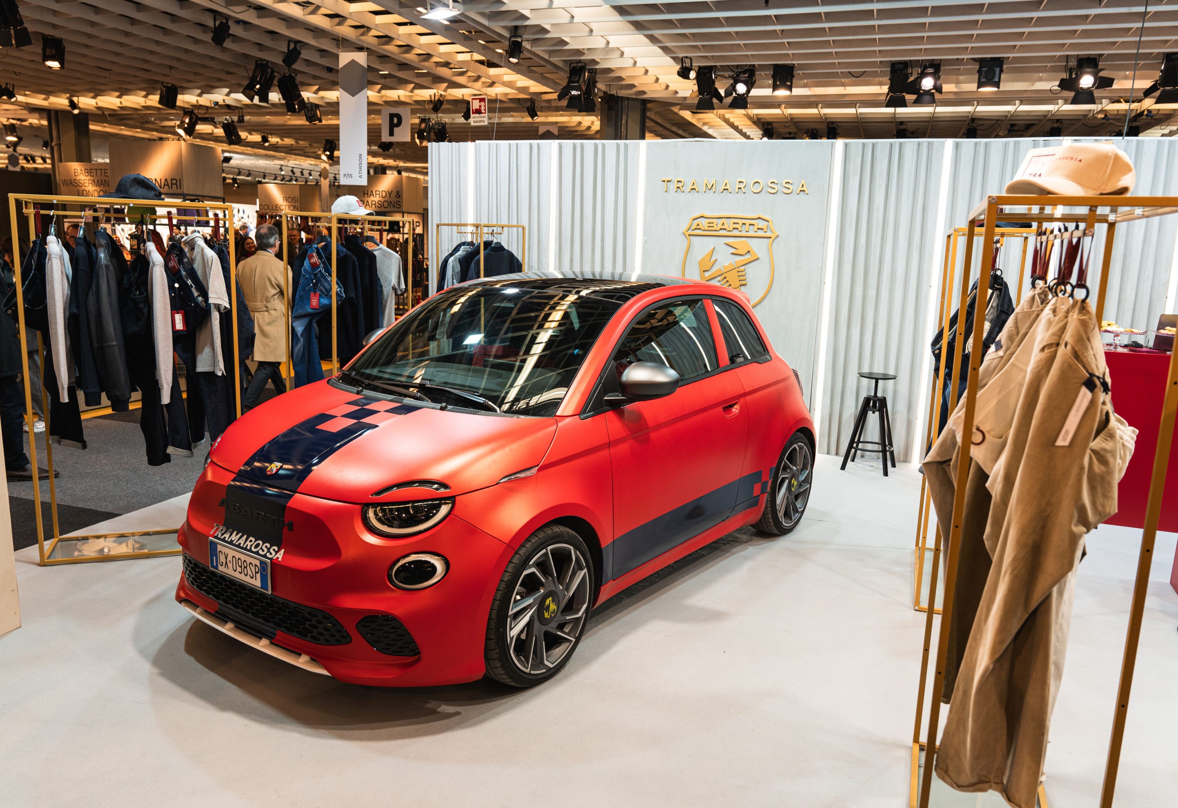 An Abarth 500e at the Tramarossa display at Pitti Uomo 2025.