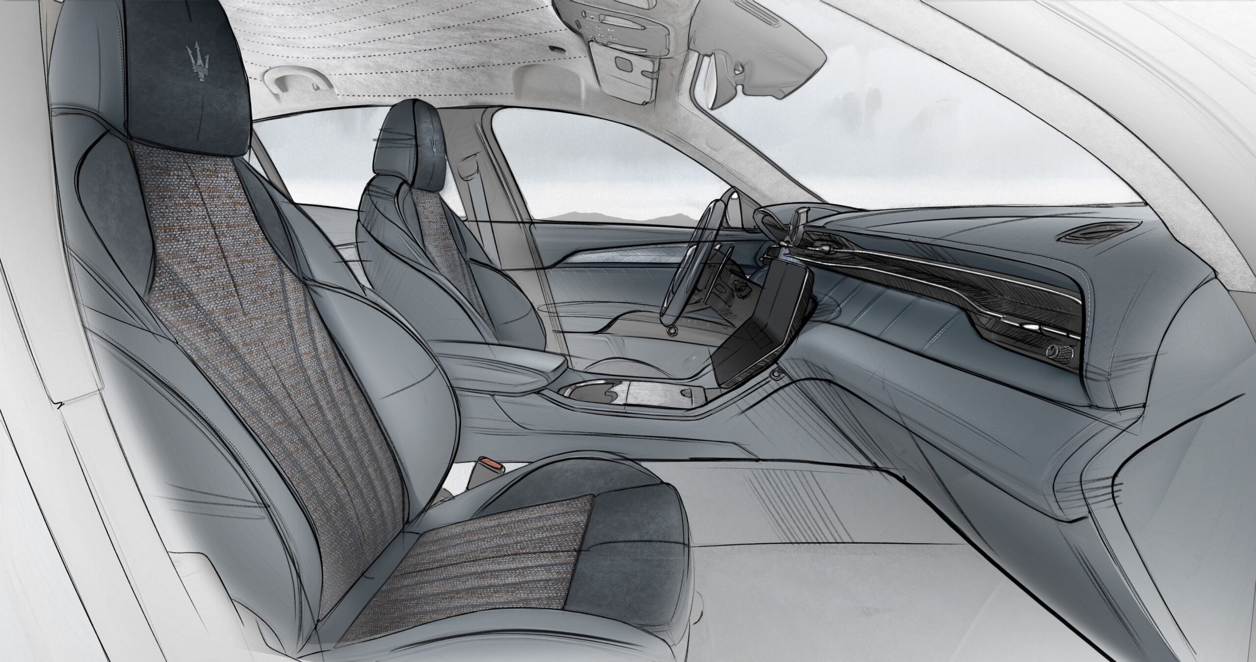 A sketch of the interior of a Maserati car designed by Giorgetti.