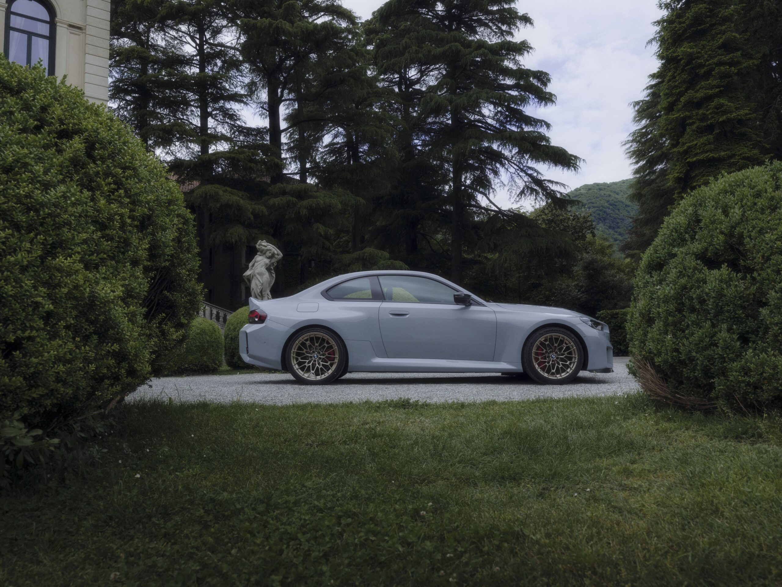 Side on view of a 2025 BMW M2 CS in Grey at Villa d'Este Concorso d'Eleganza.