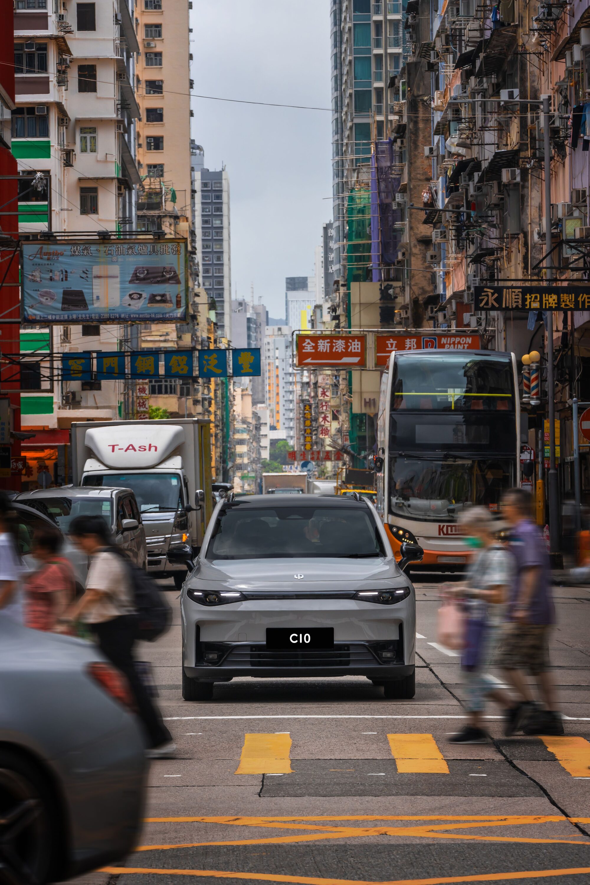 A photo of a Leapmotor C10 in the streets of Hong Kong.