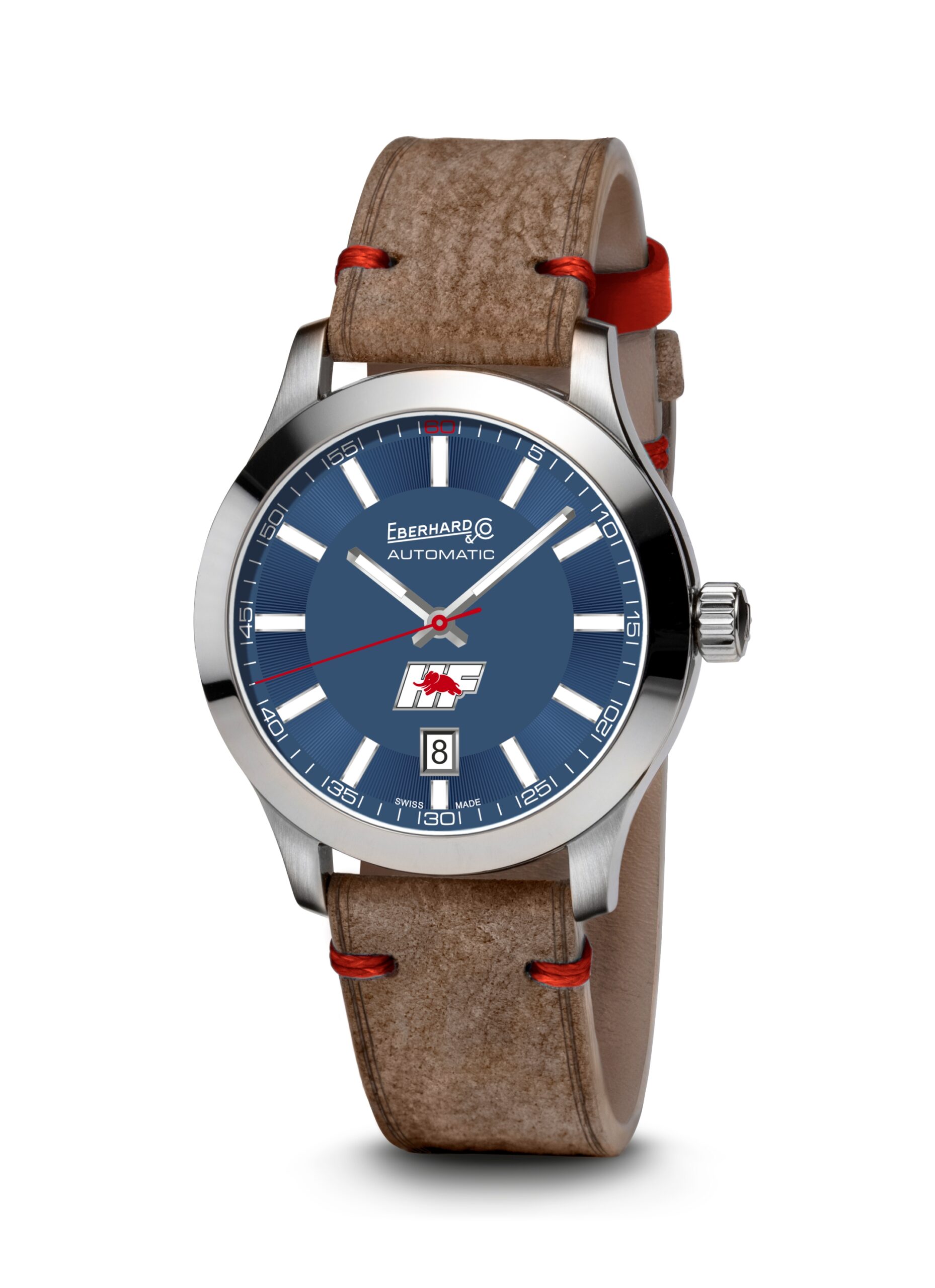 A photo of the Lancia HF Eberhard & Co watch with a blue dial and brown leather strap.