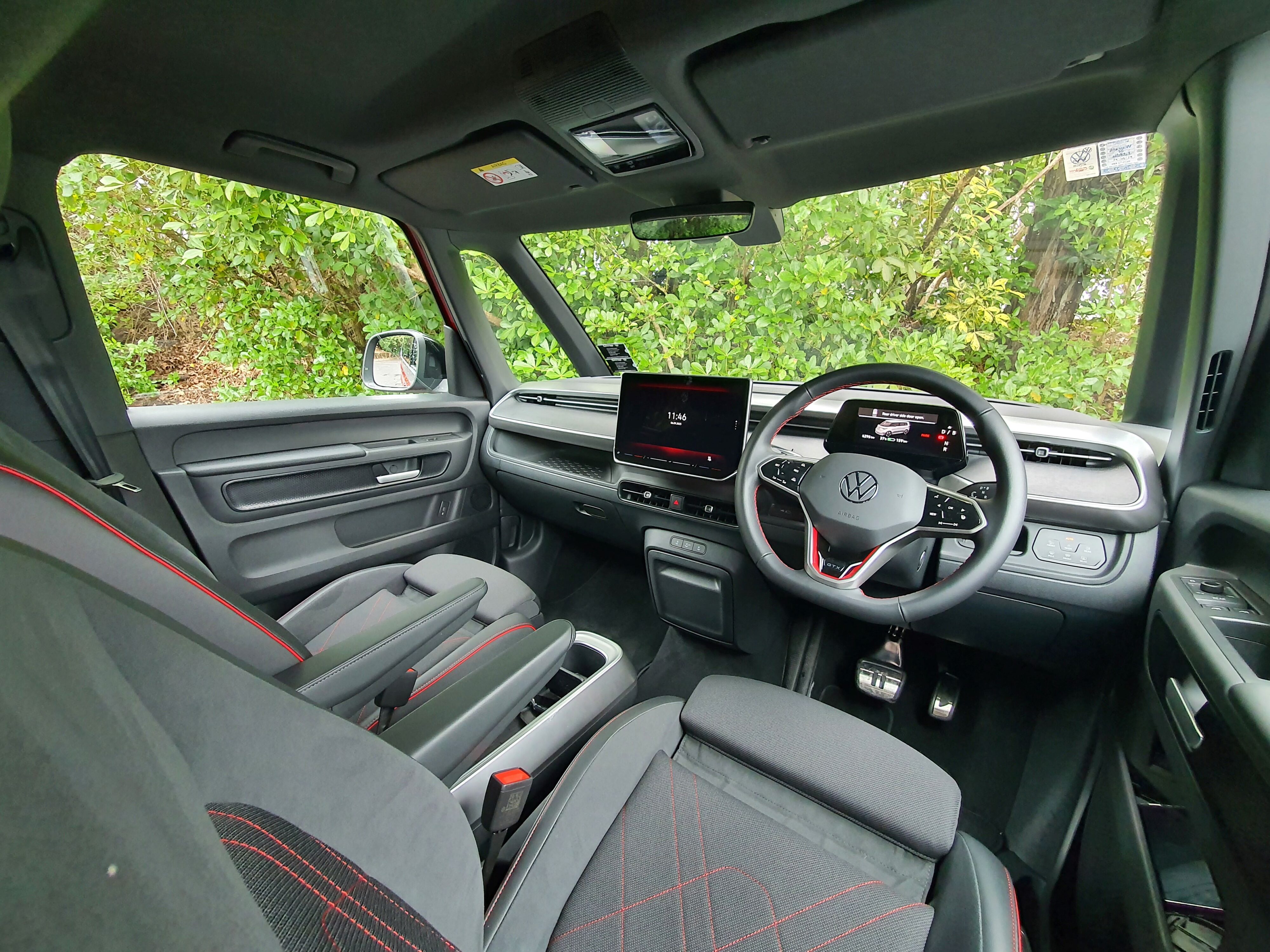Interior view of a 2025 Volkswagen ID.Buzz GTX in red and silver.