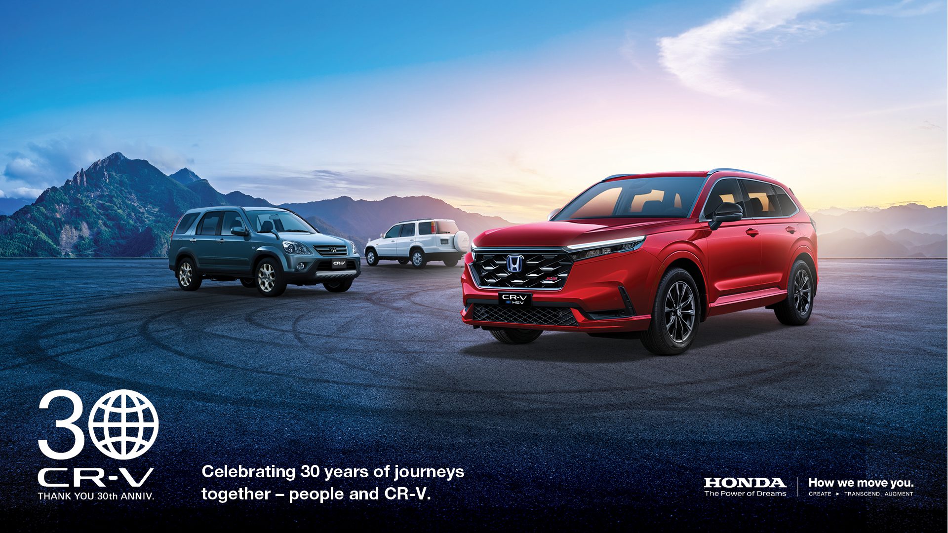 A celebratory photo for the Honda CR-V's 30th Anniversary.