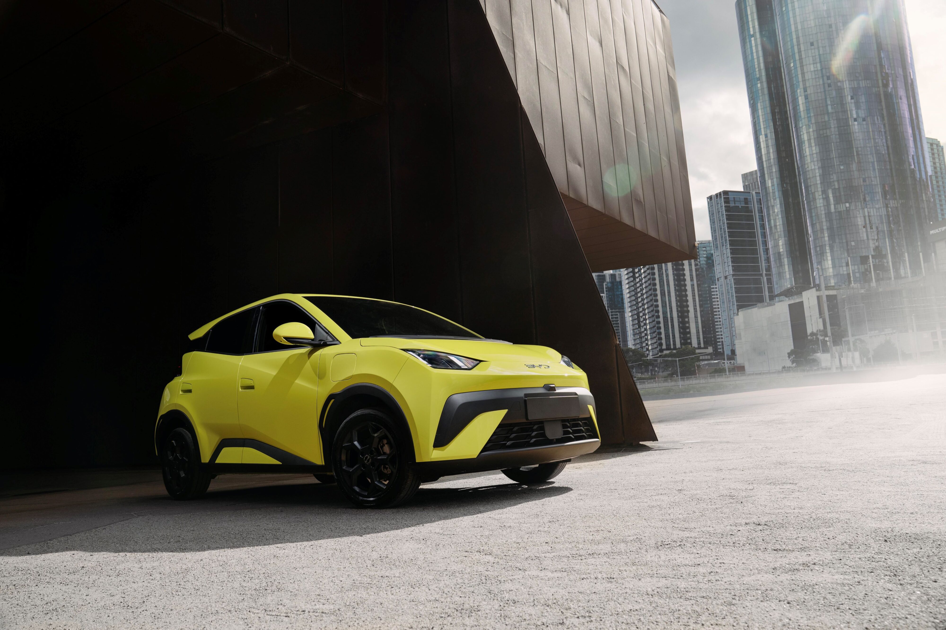 Front three quarters view of a BYD Atto 1 in Yellow.