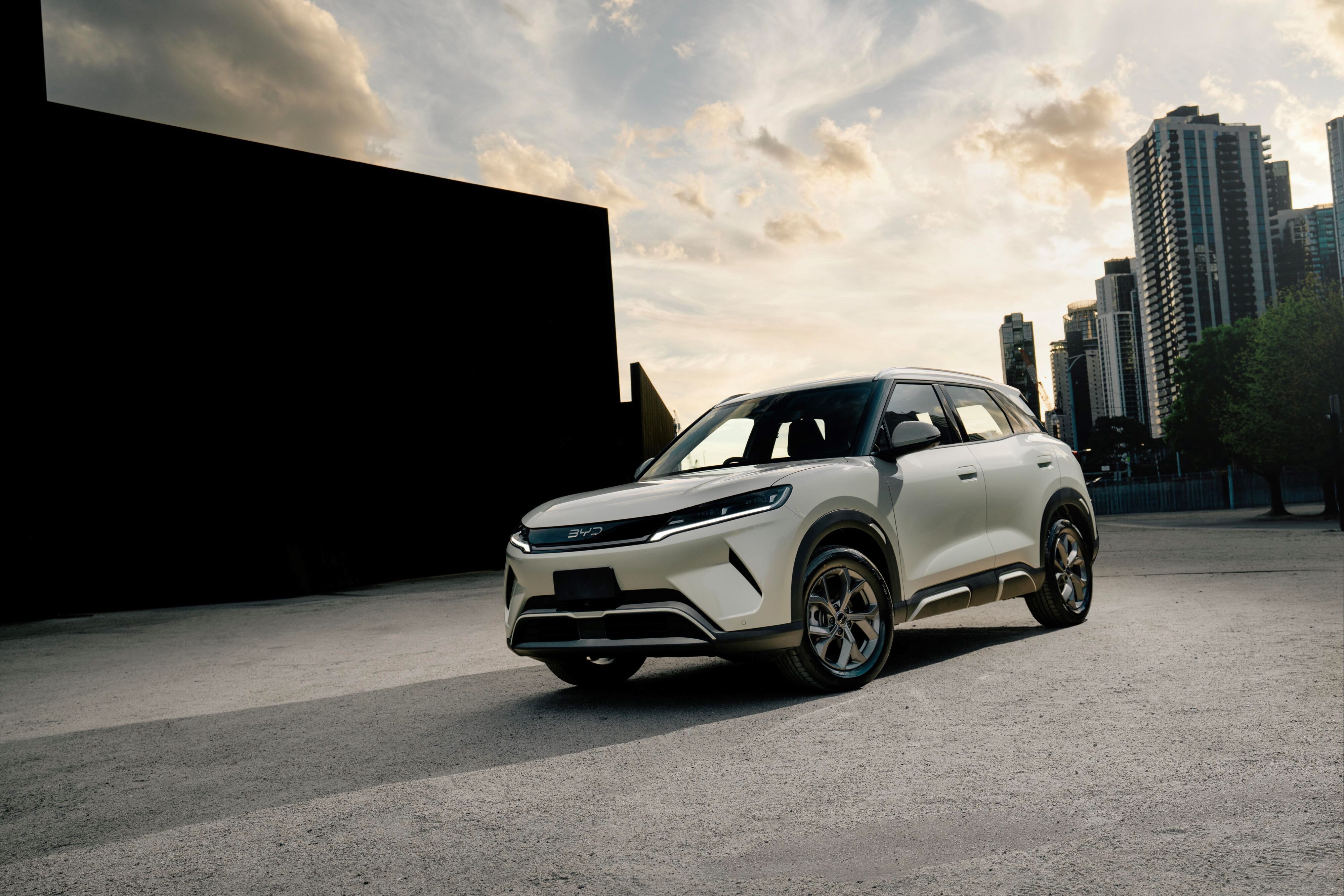 Front three quarters view of a BYD Atto 2 in white.